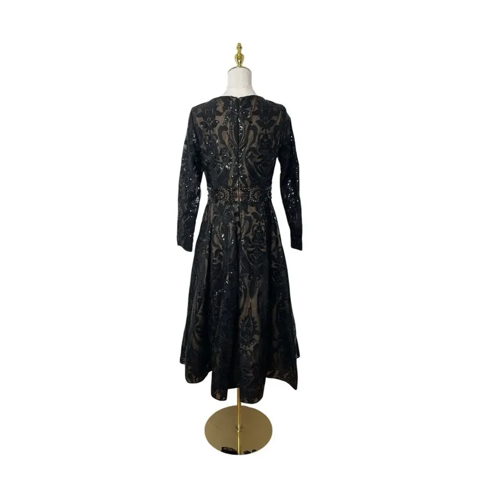 Mac Duggal Black and Gold Sequin Midi Dress
